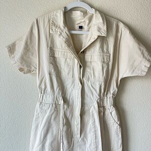 Universal Thred Cream Short Sleeve Wide Leg Button Closure Utility Jumpsuit